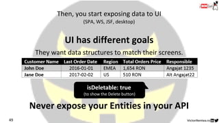 Then, you start exposing data to UI
(SPA, WS, JSF, desktop)
UI has different goals
They want data structures to match their screens.
Never expose your Entities in your API
49
isDeletable: true
(to show the Delete button)
 