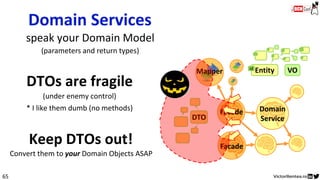 65
Keep DTOs out!
(parameters and return types)
Mapper VOEntityid
DTO
Facade
Facade Domain
Service
Domain
Service
Domain Services
speak your Domain Model
Convert them to your Domain Objects ASAP
DTOs are fragile
(under enemy control)
* I like them dumb (no methods)
 