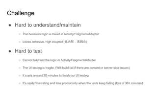 Challenge
● Hard to understand/maintain
○ The business logic is mixed in Activity/Fragment/Adapter
○ Loose cohesive, high coupled (低內聚，高耦合)
● Hard to test
○ Cannot fully test the logic in Activity/Fragment/Adapter
○ The UI testing is fragile. (Will build fail if there are content or server-side issues)
○ It costs around 30 minutes to finish our UI testing
○ It’s really frustrating and lose productivity when the tests keep failing (lots of 30+ minutes)
 