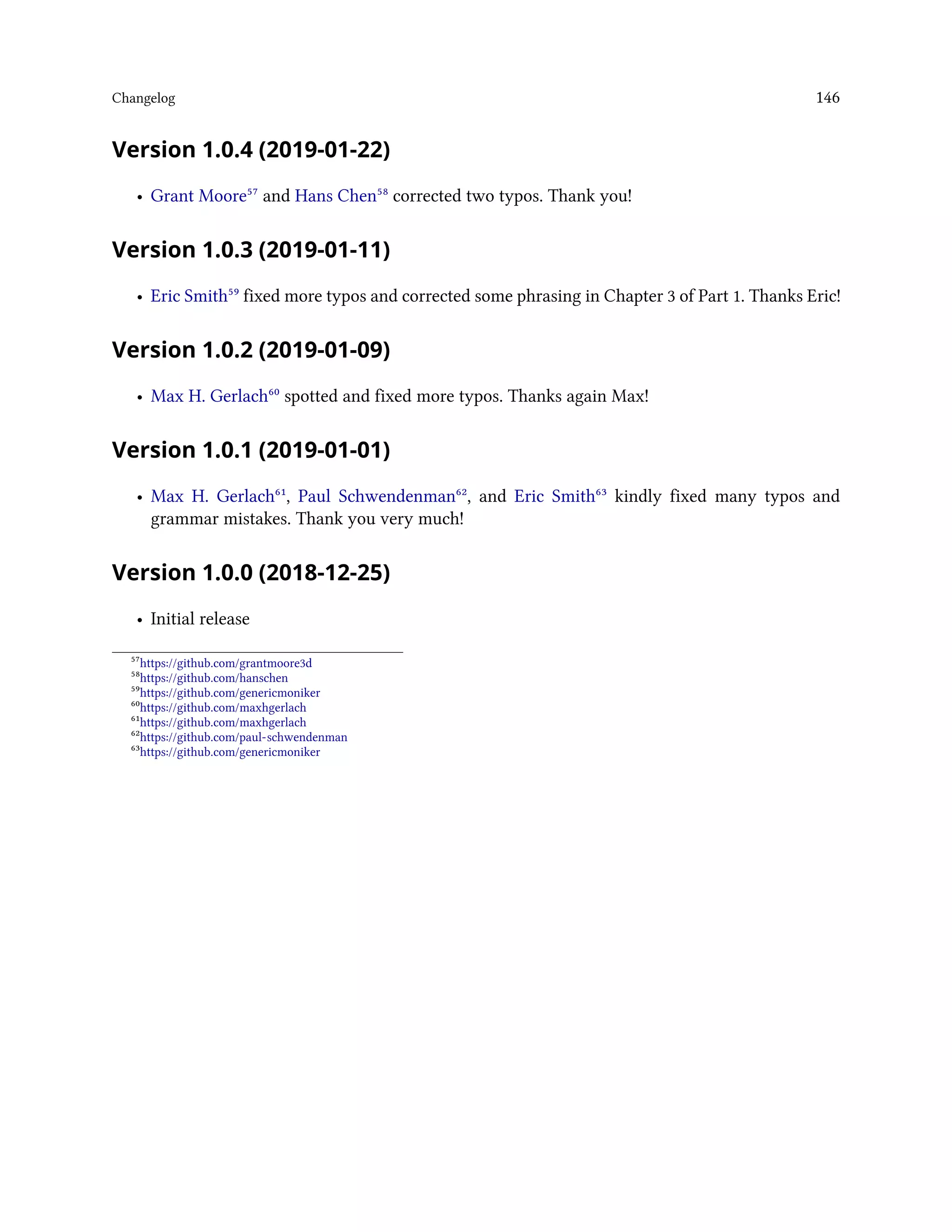 Changelog 146
Version 1.0.4 (2019-01-22)
• Grant Moore⁵⁷ and Hans Chen⁵⁸ corrected two typos. Thank you!
Version 1.0.3 (2019-01-11)
• Eric Smith⁵⁹ fixed more typos and corrected some phrasing in Chapter 3 of Part 1. Thanks Eric!
Version 1.0.2 (2019-01-09)
• Max H. Gerlach⁶⁰ spotted and fixed more typos. Thanks again Max!
Version 1.0.1 (2019-01-01)
• Max H. Gerlach⁶¹, Paul Schwendenman⁶², and Eric Smith⁶³ kindly fixed many typos and
grammar mistakes. Thank you very much!
Version 1.0.0 (2018-12-25)
• Initial release
⁵⁷https://github.com/grantmoore3d
⁵⁸https://github.com/hanschen
⁵⁹https://github.com/genericmoniker
⁶⁰https://github.com/maxhgerlach
⁶¹https://github.com/maxhgerlach
⁶²https://github.com/paul-schwendenman
⁶³https://github.com/genericmoniker
 
