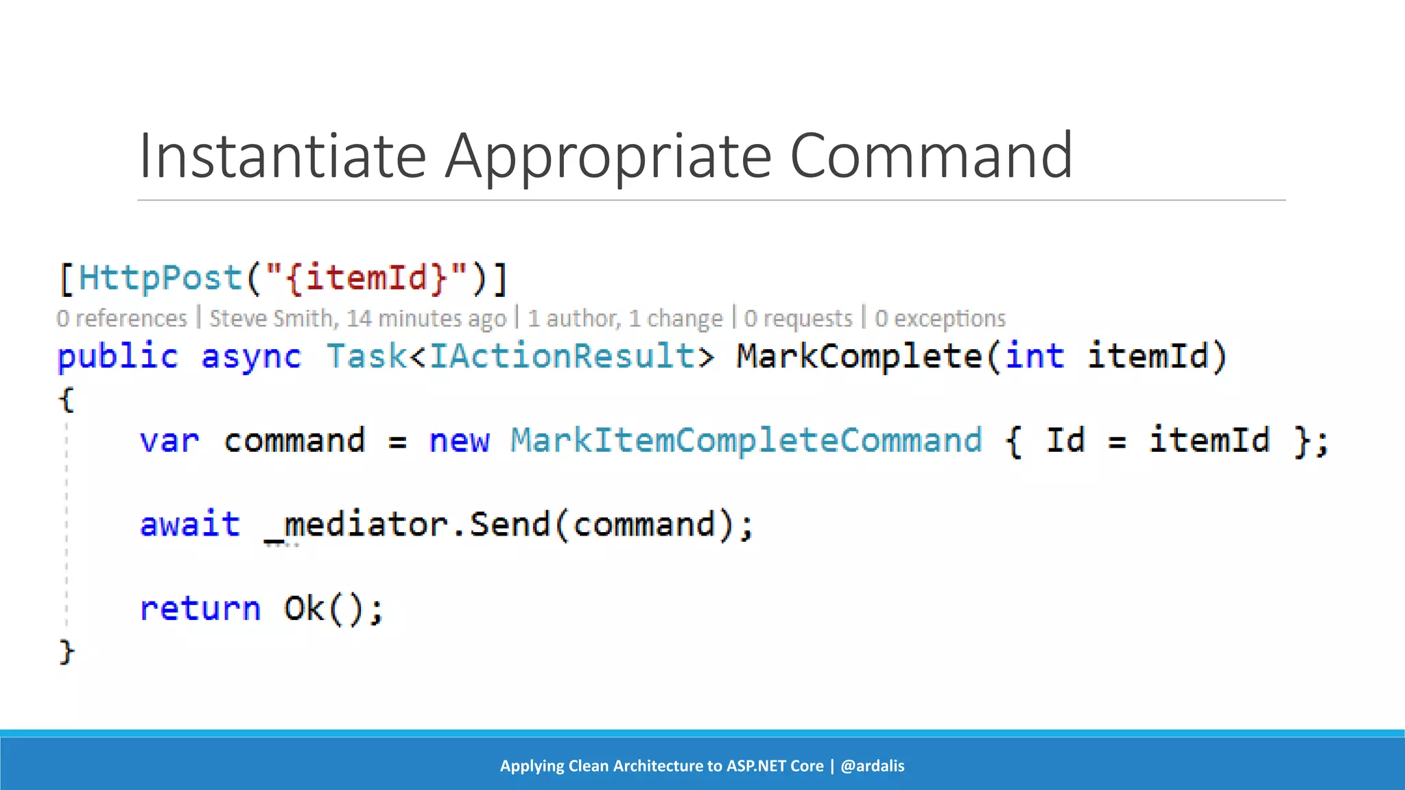 Instantiate Appropriate Command
Applying Clean Architecture to ASP.NET Core | @ardalis
 
