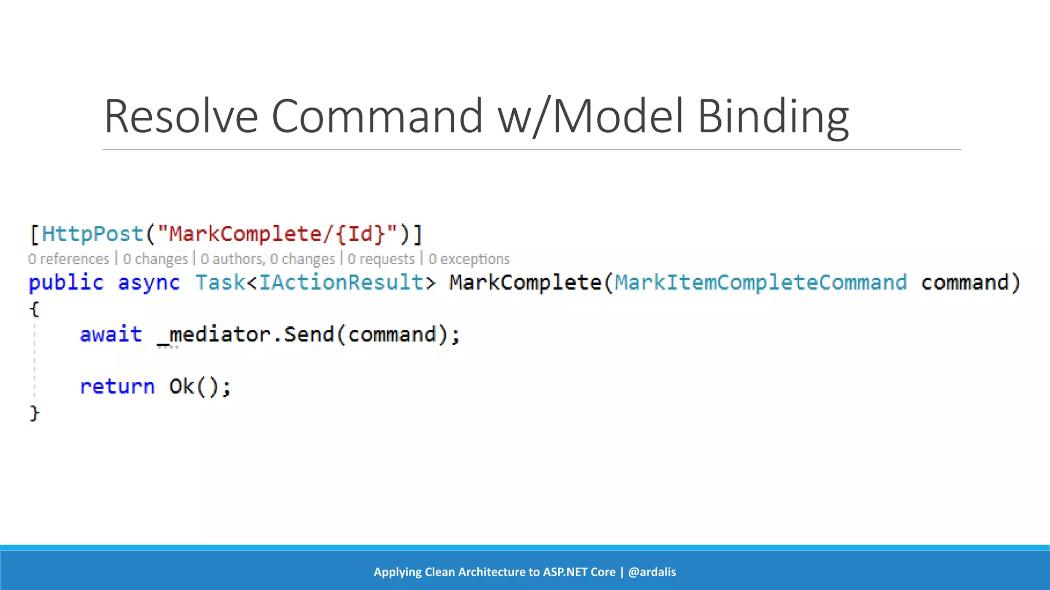 Resolve Command w/Model Binding
Applying Clean Architecture to ASP.NET Core | @ardalis
 
