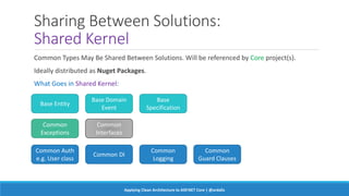 Sharing Between Solutions:
Shared Kernel
Common Types May Be Shared Between Solutions. Will be referenced by Core project(s).
Ideally distributed as Nuget Packages.
What Goes in Shared Kernel:
Base Entity
Base Domain
Event
Base
Specification
Common
Exceptions
Common
Interfaces
Common Auth
e.g. User class
Common DI
Common
Logging
Common
Guard Clauses
Applying Clean Architecture to ASP.NET Core | @ardalis
 