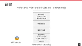 16
背景
Python
独自MVC
フレームワーク
(テストコードなし)
技術的負債
新機能拡張
独自MVC
フレームワーク
開発者の退職
shibamoto
MonotaRO FrontEnd ServerSide - Search Page　
my mental capacity
 