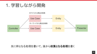 43
1. 学習しながら開発
Controller Use Case Entity Presenter
Use Case Entity
先に幹となる処理を書いて、後から枝葉となる処理を書く
キーワードから商品を検索
カテゴリから商品を検索
 