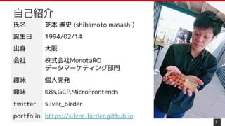 氏名 芝本 雅史 (shibamoto masashi)
誕生日 1994/02/14
出身 大阪
会社 株式会社MonotaRO
データマーケティング部門
趣味 個人開発
興味 K8s,GCP,MicroFrontends
twitter silver_birder
portfolio https://silver-birder.github.io
自己紹介
6
 