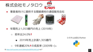 株式会社モノタロウ
7
● 事業者向けに提供する間接資材の通信販売会社
● 年間売上1,053億円の売上 (2018年)
○ 前年比24.0%↑
■ 2019年売上計画1,305億円
○ 9年連続20%↑の成長率 (2009年~)※
※ https://pdf.irpocket.com/C3064/g9xd/i8RW/uNIX.pdf no.7
システムは主にPython
 