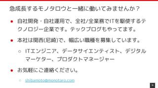 急成長するモノタロウと一緒に働いてみませんか？
● 自社開発・自社運用で、全社/全業務でITを駆使するテ
クノロジー企業です。テックブログもやってます。
● 本社は関西(尼崎)で、幅広い職種を募集しています。
○ ITエンジニア、データサイエンティスト、デジタル
マーケター、プロダクトマネージャー
● お気軽にご連絡ください。
○ shibamoto@monotaro.com
74
 