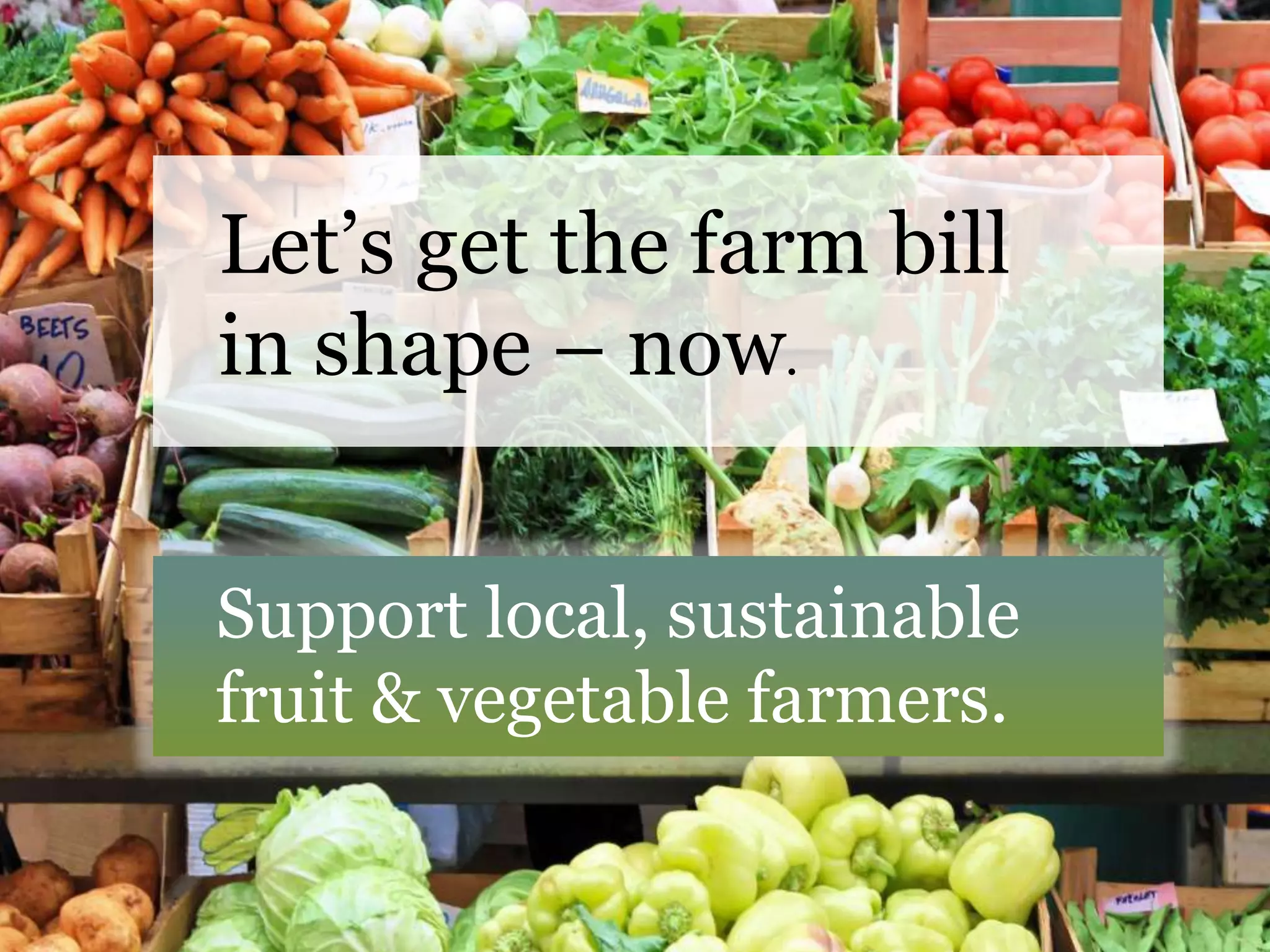 Let’s get the farm bill
in shape – now.


Support local, sustainable
fruit & vegetable farmers.
 