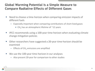 Global Warming Potential is a Simple Measure to
Compare Radiative Effects of Different Gases

 Need to choose a time-horizon when comparing emission impacts of
  different fuels
    – Especially important when comparing contributions of short-lived gases
        • CH4 has an atmospheric lifetime of ~12 years

 IPCC recommends using a 100-year time-horizon when evaluating climate
  change mitigation policies

 Other researchers have suggested a 20-year time-horizon should be
  examined
    – Effects of CH4 emissions are amplified

 We use the 100-year time-horizon in our analyses
    – Also present 20-year for comparison to other studies



                                                                               20
 