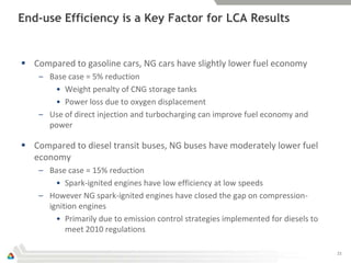 End-use Efficiency is a Key Factor for LCA Results


 Compared to gasoline cars, NG cars have slightly lower fuel economy
    – Base case = 5% reduction
       • Weight penalty of CNG storage tanks
       • Power loss due to oxygen displacement
    – Use of direct injection and turbocharging can improve fuel economy and
      power

 Compared to diesel transit buses, NG buses have moderately lower fuel
  economy
    – Base case = 15% reduction
        • Spark-ignited engines have low efficiency at low speeds
    – However NG spark-ignited engines have closed the gap on compression-
      ignition engines
        • Primarily due to emission control strategies implemented for diesels to
           meet 2010 regulations

                                                                                    21
 