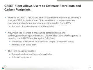 GREET Fleet Allows Users to Estimate Petroleum and
Carbon Footprints

 Starting in 1998, US DOE and EPA co-sponsored Argonne to develop a
  tool, AirCRED, to assist Clean Cities coalitions to estimate ozone
  precursor and carbon monoxide emission credits from AFVs
    – For use in State Implementation Plans (SIPs)

 Now with the interest in measuring petroleum use and
  carbon/greenhouse gas emissions, Clean Cities sponsored Argonne to
  develop the GREET Fleet Footprint Calculator
    – Developed in Microsoft Excel and uses simple spreadsheet inputs
    – Results are on WTW basis

 This tool was designed for:
    – On-road-medium and heavy-duty vehicles
    – Off-road equipment



                                                                        25
 