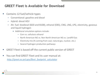 GREET Fleet is Available for Download

 Contains 12 fuel/vehicle types
    – Conventional: gasoline and diesel
    – Hybrid: diesel HEV
    – Alt. fuel: biodiesel (B20 and B100), ethanol (E85), CNG, LNG, LPG, electricity, gaseous
      and liquid hydrogen
        • Additional simulation options include:
            – Corn vs. cellulosic ethanol
            – North American NG vs. Non North American NG vs. Landfill Gas
            – Electricity mix (% coming from coal, natural gas, nuclear, etc.)
            – Several hydrogen production pathways

 GREET Fleet is based off the current public version of GREET

 You can find GREET Fleet and its user manual at:
   http://greet.es.anl.gov/fleet_footprint_calculator



                                                                                            26
 