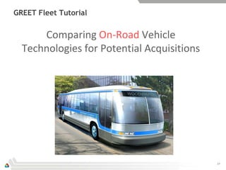 GREET Fleet Tutorial


      Comparing On-Road Vehicle
  Technologies for Potential Acquisitions




                                            27
 