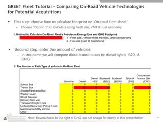 GREET Fleet Tutorial – Comparing On-Road Vehicle Technologies
for Potential Acquisitions

   First step: choose how to calculate footprint on ‘On-road fleet sheet’
      – Choose “Option 1” to calculate using fleet size, VMT & fuel economy
    1. Method to Calculate On-Road Fleet's Petroleum Energy Use and GHG Footprint
                         1                   1 - Fleet size, vehicle miles traveled, and fuel economy
                                             2 - Fuel use (skip to question 5)


   Second step: enter the amount of vehicles
      – In this demo we will compare diesel transit buses to: diesel hybrid, B20, &
        CNG
    2. The Number of Each Type of Vehicle in On-Road Fleet


                                                                                                          Compressed
                                                                   Diesel Biodiesel Biodiesel   Ethanol    Natural Gas
                                             Gasoline    Diesel     HEV      (B20)    (B100)      (E85)         (CNG)
         School Bus                                 0        0         0         0         0         0               0
         Transit Bus                                0       20        20        20         0         0              20
         Shuttle/Paratransit Bus                    0        0         0         0         0         0               0
         Waste Hauler                               0        0         0         0         0         0               0
         Street Sweeper                             0        0         0         0         0         0               0
         Delivery Step Van                          0        0         0         0         0         0               0
         Transport/Freight Truck                    0        0         0         0         0         0               0
         Medium/Heavy Duty Pickup Truck             0        0         0         0         0         0               0
         Maintenance Utility Vehicle                0        0         0         0         0         0               0
         Other                                      0        0         0         0         0         0               0

               Note: Several fuels to the right of CNG are not shown for clarity in this presentation                    28
 