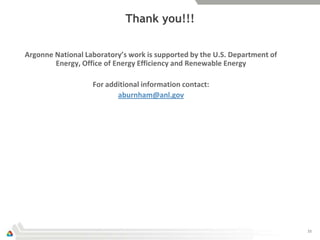 Thank you!!!

Argonne National Laboratory’s work is supported by the U.S. Department of
        Energy, Office of Energy Efficiency and Renewable Energy

                   For additional information contact:
                          aburnham@anl.gov




                                                                            33
 