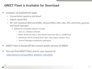 GREET Fleet is Available for Download

 Contains 12 fuel/vehicle types
    – Conventional: gasoline and diesel
    – Hybr...