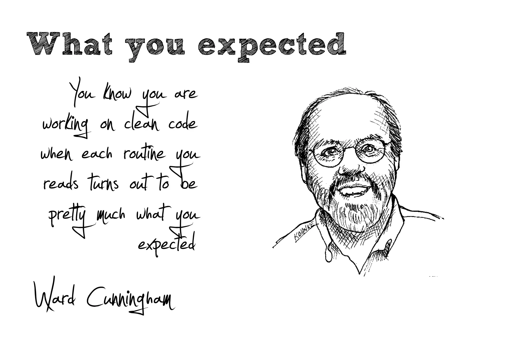 What you expected
    You know you are
working on clean code
when each routine you
reads turns out to be
 pret y much what you
             expected
Ward Cunningham
 
