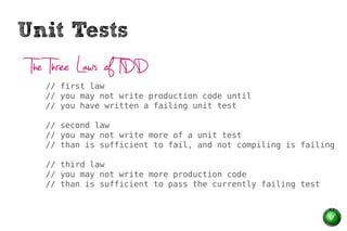 Unit Tests
 Keeping Tests Clean
    // test code is just as important as production code



 Clean Tests
    // what makes...