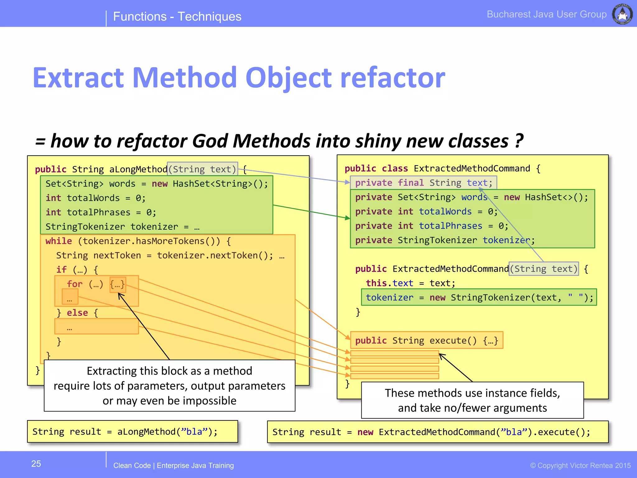 Clean Code | Enterprise Java Training © Copyright Victor Rentea 2015
Bucharest Java User Group
= how to refactor God Methods into shiny new classes ?
Functions - Techniques
Extract Method Object refactor
25
public String aLongMethod(String text) {
Set<String> words = new HashSet<String>();
int totalWords = 0;
int totalPhrases = 0;
StringTokenizer tokenizer = …
while (tokenizer.hasMoreTokens()) {
String nextToken = tokenizer.nextToken(); …
if (…) {
for (…) {…}
…
} else {
…
}
}
}
public class ExtractedMethodCommand {
private final String text;
private Set<String> words = new HashSet<>();
private int totalWords = 0;
private int totalPhrases = 0;
private StringTokenizer tokenizer;
public ExtractedMethodCommand(String text) {
this.text = text;
tokenizer = new StringTokenizer(text, " ");
}
public String execute() {…}
}
Extracting this block as a method
require lots of parameters, output parameters
or may even be impossible
These methods use instance fields,
and take no/fewer arguments
String result = aLongMethod(”bla”); String result = new ExtractedMethodCommand(”bla”).execute();
 