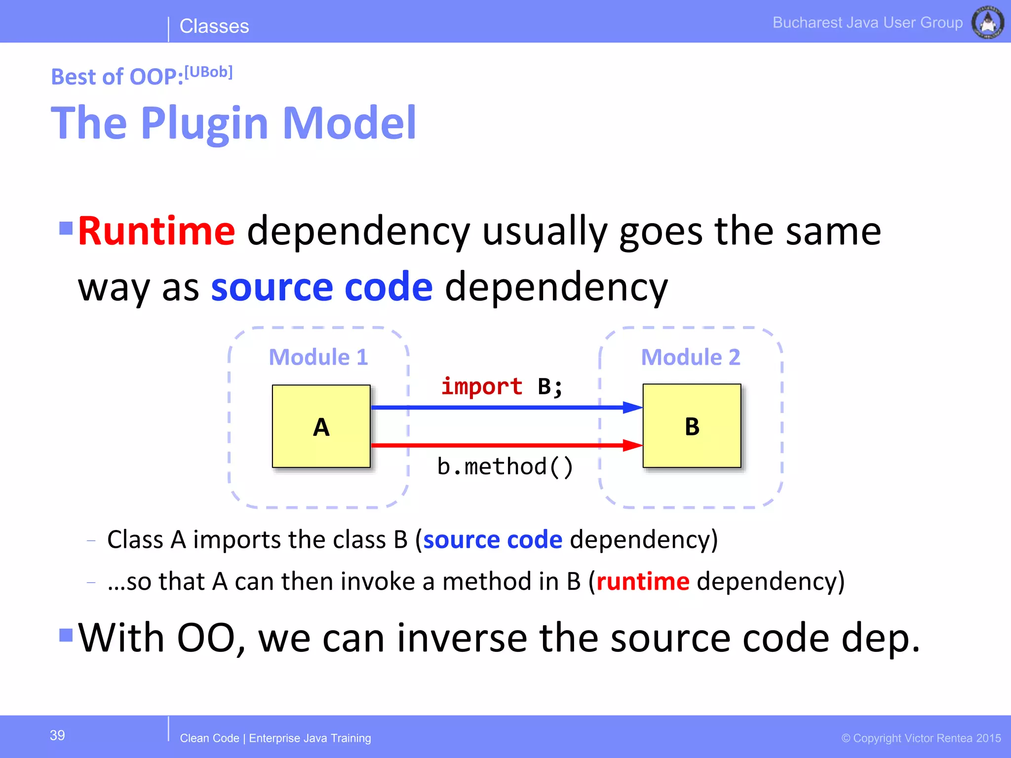 Clean Code | Enterprise Java Training © Copyright Victor Rentea 2015
Bucharest Java User Group
Runtime dependency usually goes the same
way as source code dependency
- Class A imports the class B (source code dependency)
- …so that A can then invoke a method in B (runtime dependency)
With OO, we can inverse the source code dep.
Classes
Best of OOP:[UBob]
The Plugin Model
39
Module 2Module 1
A B
import B;
b.method()
 
