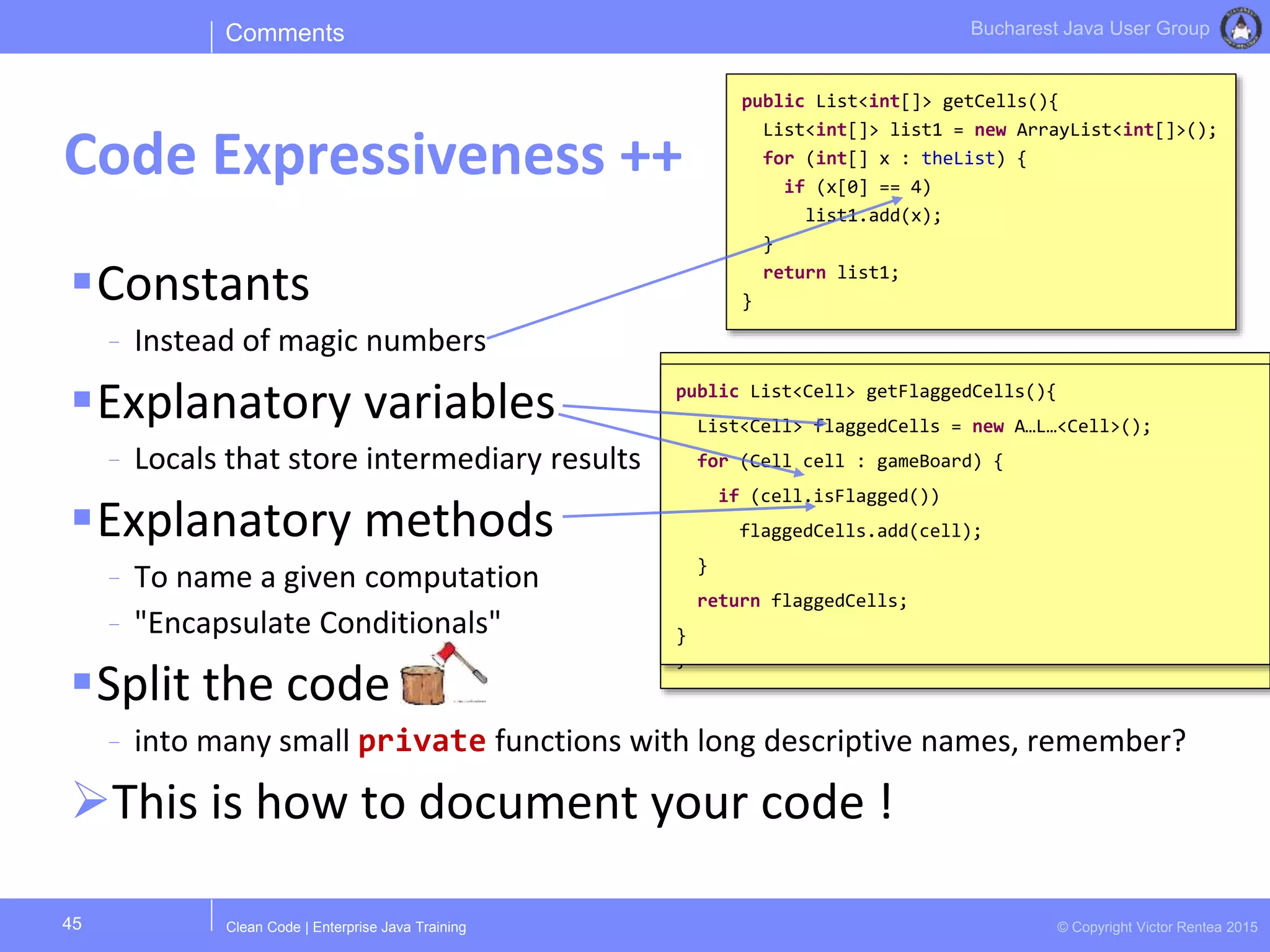 Clean Code | Enterprise Java Training © Copyright Victor Rentea 2015
Bucharest Java User Group
public List<int[]> getFlaggedCells(){
List<int[]> flaggedCells = new A…L…<…>();
for (int[] cell : gameBoard) {
boolean isFlagged = cell[STATUS_VALUE] == FLAGGED;
if (isFlagged)
flaggedCells.add(x);
}
return flaggedCells;
}
public List<Cell> getFlaggedCells(){
List<Cell> flaggedCells = new A…L…<Cell>();
for (Cell cell : gameBoard) {
if (cell.isFlagged())
flaggedCells.add(cell);
}
return flaggedCells;
}
Constants
- Instead of magic numbers
Explanatory variables
- Locals that store intermediary results
Explanatory methods
- To name a given computation
- "Encapsulate Conditionals"
Split the code
- into many small private functions with long descriptive names, remember?
This is how to document your code !
Comments
Code Expressiveness ++
45
public List<int[]> getCells(){
List<int[]> list1 = new ArrayList<int[]>();
for (int[] x : theList) {
if (x[0] == 4)
list1.add(x);
}
return list1;
}
 