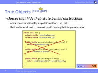 Clean Code | Enterprise Java Training © Copyright Victor Rentea 2015
Bucharest Java User Group
=classes that hide their state behind abstractions
- and expose functionality as public methods, so that
- their caller works with them without knowing their implementation
Objects vs. Data Structures
True Objects (as in OOP)
35
public class Car {
private double remainingGasoline;
private double reservoirCapacity;
public double getRemainingGasolineInLiters() {
return remainingGasoline;
}
public double getReservoirCapacityInLiters() {
return reservoirCapacity;
}
public double getRemainingFuelRatio() {
return remainingGasoline/reservoirCapacity;
}
} structs OOP
 