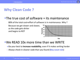 Clean Code | Enterprise Java Training © Copyright Victor Rentea 2015
Bucharest Java User Group
The true cost of software = its maintenance
- 80% of the total cost+effort of software is in maintenance. Why ?
- Because we get slower and slower,
as the code gets dirtier
and begins to ROT
We READ 10x more time than we WRITE
Do your best to increase readability, even if it makes writing harder
 Always check in cleaner code than you found (Boy scout rule)
Introduction
Why Clean Code ?
5
 