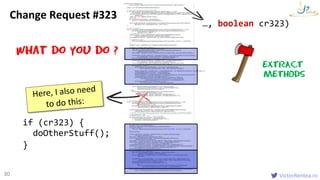 VictorRentea.ro30
doOtherStuff();
if (cr323) {
}
…, boolean cr323)
What do you do ?
EXTRACT
METHODS
Change Request #323
 
