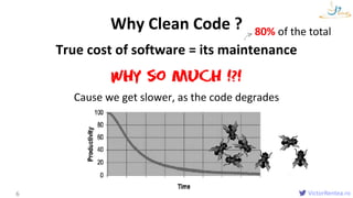 VictorRentea.ro
True cost of software = its maintenance
Why so much !?!
Cause we get slower, as the code degrades
Introduction
Why Clean Code ?
6
80% of the total
 