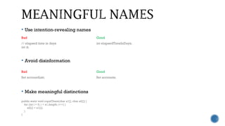  Use intention-revealing names
 Avoid disinformation
 Make meaningful distinctions
Bad Good
// elapsed time in days
int d;
int elapsedTimeInDays;
Bad Good
Set accountList; Set accounts;
public static void copyChars(char a1[], char a2[]) {
for (int i = 0; i < a1.length; i++) {
a2[i] = a1[i];
}
}
 