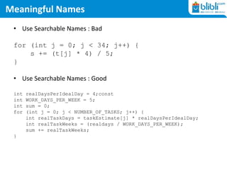 Meaningful Names
• Use Searchable Names : Bad
for (int j = 0; j < 34; j++) {
s += (t[j] * 4) / 5;
}
• Use Searchable Names : Good
int realDaysPerIdealDay = 4;const
int WORK_DAYS_PER_WEEK = 5;
int sum = 0;
for (int j = 0; j < NUMBER_OF_TASKS; j++) {
int realTaskDays = taskEstimate[j] * realDaysPerIdealDay;
int realTaskWeeks = (realdays / WORK_DAYS_PER_WEEK);
sum += realTaskWeeks;
}
 