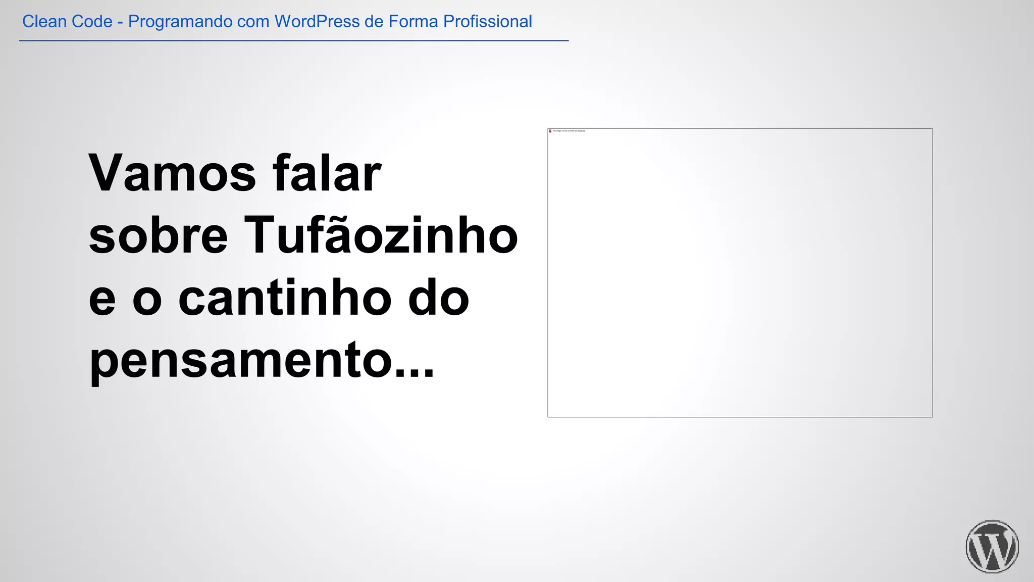 Vamos falar
sobre Tufãozinho
e o cantinho do
pensamento...
Clean Code - Programando com WordPress de Forma Profissional
 