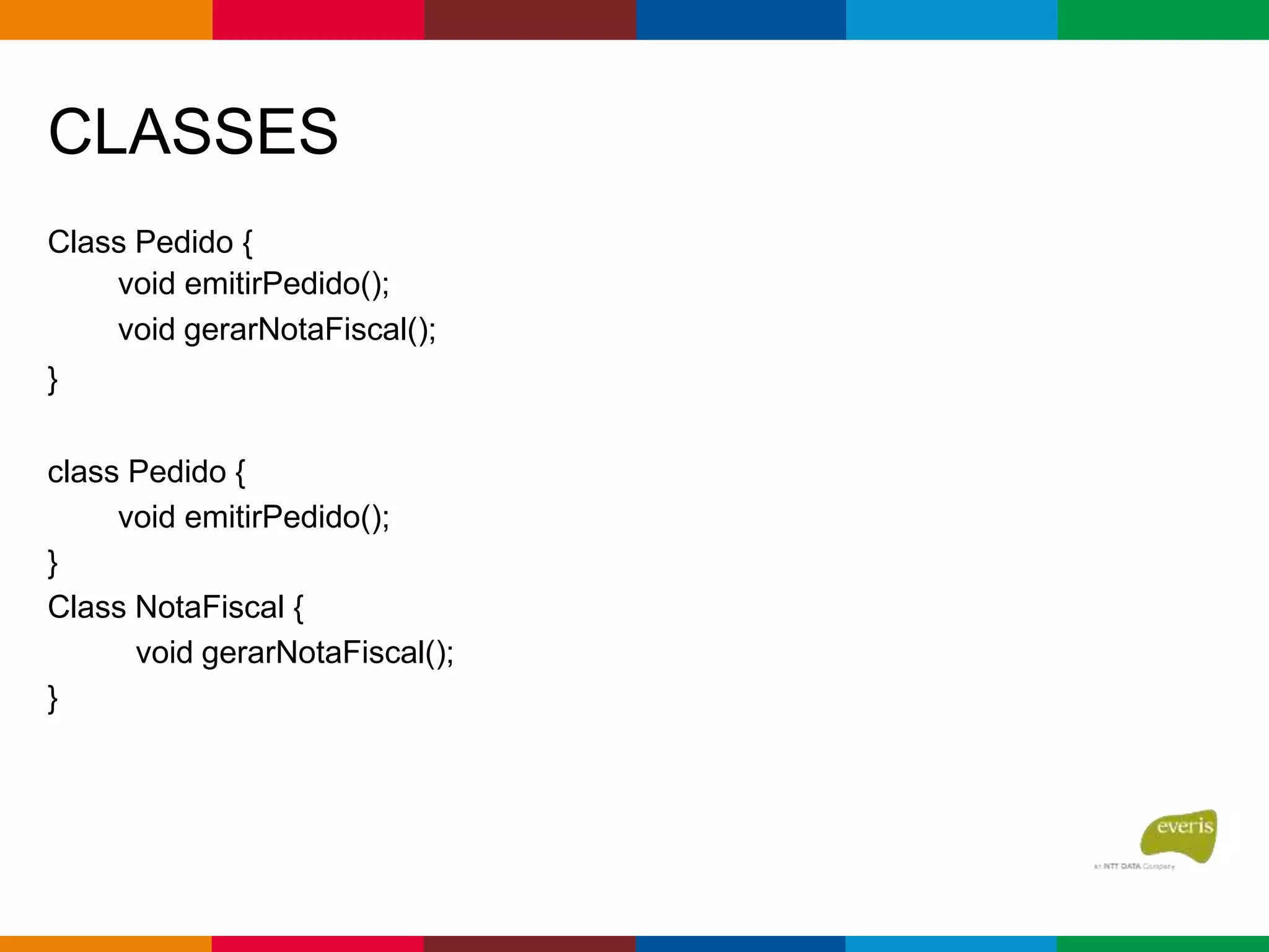 CLASSES
Class Pedido {
void emitirPedido();
void gerarNotaFiscal();
}
class Pedido {
void emitirPedido();
}
Class NotaFiscal {
void gerarNotaFiscal();
}
 
