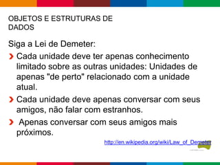 OBJETOS E ESTRUTURAS DE
DADOS
Siga a Lei de Demeter:
Cada unidade deve ter apenas conhecimento
limitado sobre as outras unidades: Unidades de
apenas "de perto" relacionado com a unidade
atual.
Cada unidade deve apenas conversar com seus
amigos, não falar com estranhos.
Apenas conversar com seus amigos mais
próximos.
http://en.wikipedia.org/wiki/Law_of_Demeter
 