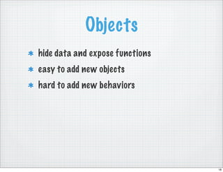 Objects
hide data and expose functions
easy to add new objects
hard to add new behaviors




                                 18
 