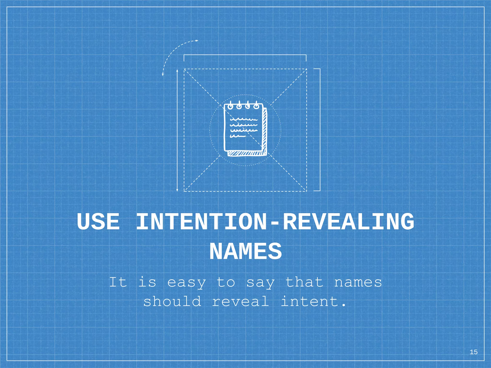 USE INTENTION-REVEALING
NAMES
It is easy to say that names
should reveal intent.
15
 