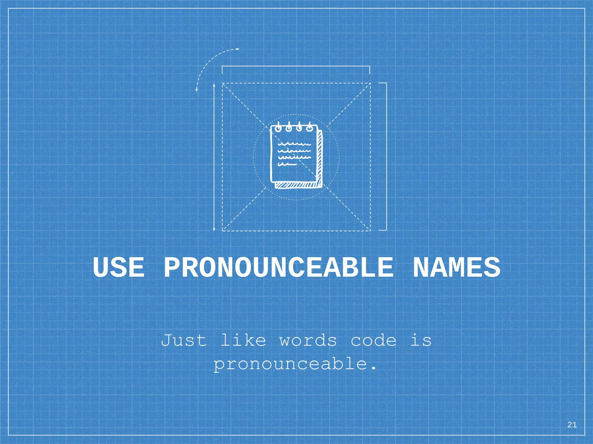 USE PRONOUNCEABLE NAMES
Just like words code is
pronounceable.
21
 