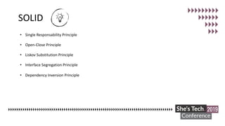 SOLID
• Single Responsability Principle
• Open-Close Principle
• Liskov Substitution Principle
• Interface Segregation Principle
• Dependency Inversion Principle
 