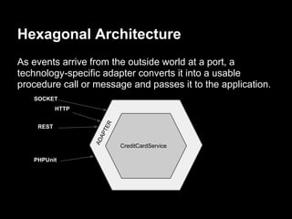 As events arrive from the outside world at a port, a
technology-specific adapter converts it into a usable
procedure call or message and passes it to the application.
CreditCardService
Hexagonal Architecture
CreditCardService
HTTP
REST
PHPUnit
SOCKET ADAPTER
 
