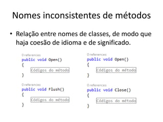 Nomes inconsistentes de métodos
• Relação entre nomes de classes, de modo que
haja coesão de idioma e de significado.
 