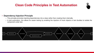 Clean Code Principles in Test Automation
• Dependency Injection Principle
o This principle promotes injecting dependencies into a class rather than creating them internally.
o In test automation, this allows for easier testing by enabling the injection of mock objects or test doubles to isolate the
component under test.
 