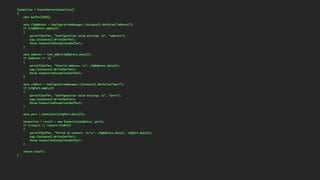 Connection * CreateServerConnection()
{
char buffer[1024];
auto cfgAddress = ConfigurationManager::Instance().GetValue("address");
if (cfgAddress.empty())
{
sprintf(buffer, "Configuration value missing: %s", "address");
Log::Instance().Write(buffer);
throw ConnectionException(buffer);
}
auto address = inet_addr(cfgAddress.data());
if (address == -1)
{
sprintf(buffer, "Invalid address: %s", cfgAddress.data());
Log::Instance().Write(buffer);
throw ConnectionException(buffer);
}
auto cfgPort = ConfigurationManager::Instance().GetValue("port");
if (cfgPort.empty())
{
sprintf(buffer, "Configuration value missing: %s", "port");
Log::Instance().Write(buffer);
throw ConnectionException(buffer);
}
auto port = htons(atoi(cfgPort.data()));
Connection * result = new Connection(address, port);
if (!result || !result->IsOK())
{
sprintf(buffer, "Failed to connect: %s:%s", cfgAddress.data(), cfgPort.data());
Log::Instance().Write(buffer);
throw ConnectionException(buffer);
}
return result;
}
 