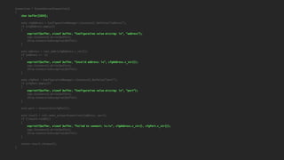 Connection * CreateServerConnection()
{
char buffer[1024];
auto cfgAddress = ConfigurationManager::Instance().GetValue("address");
if (cfgAddress.empty())
{
snprintf(buffer, sizeof buffer, "Configuration value missing: %s", "address");
Log::Instance().Write(buffer);
throw ConnectionException(buffer);
}
auto address = inet_addr(cfgAddress.c_str());
if (address == -1)
{
snprintf(buffer, sizeof buffer, "Invalid address: %s", cfgAddress.c_str());
Log::Instance().Write(buffer);
throw ConnectionException(buffer);
}
auto cfgPort = ConfigurationManager::Instance().GetValue("port");
if (cfgPort.empty())
{
snprintf(buffer, sizeof buffer, "Configuration value missing: %s", "port");
Log::Instance().Write(buffer);
throw ConnectionException(buffer);
}
auto port = htons(stoi(cfgPort));
auto result = std::make_unique<Connection>(address, port);
if (!result->IsOK())
{
snprintf(buffer, sizeof buffer, "Failed to connect: %s:%s", cfgAddress.c_str(), cfgPort.c_str());
Log::Instance().Write(buffer);
throw ConnectionException(buffer);
}
return result.release();
}
 