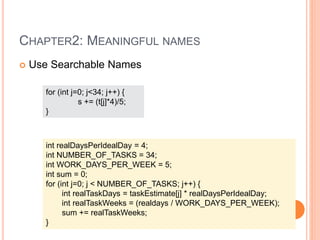 CHAPTER2: MEANINGFUL NAMES
 Use Searchable Names
for (int j=0; j<34; j++) {
s += (t[j]*4)/5;
}
int realDaysPerIdealDay = 4;
int NUMBER_OF_TASKS = 34;
int WORK_DAYS_PER_WEEK = 5;
int sum = 0;
for (int j=0; j < NUMBER_OF_TASKS; j++) {
int realTaskDays = taskEstimate[j] * realDaysPerIdealDay;
int realTaskWeeks = (realdays / WORK_DAYS_PER_WEEK);
sum += realTaskWeeks;
}
 