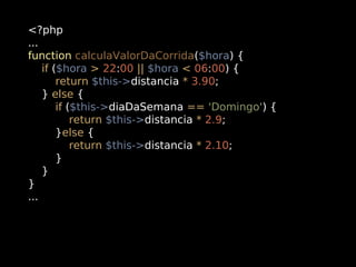 <?php
...
function calculaValorDaCorrida($hora) {
if ($hora > 22:00 || $hora < 06:00) {
return $this->distancia * 3.90;
} else {
if ($this->diaDaSemana == 'Domingo') {
return $this->distancia * 2.9;
}else {
return $this->distancia * 2.10;
}
}
}
...

 