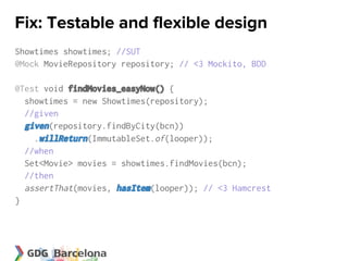 Fix: Testable and flexible design
Showtimes showtimes; //SUT
@Mock MovieRepository repository; // <3 Mockito, BDD

@Test void findMovies_easyNow() {
  showtimes = new Showtimes(repository);
  //given
  given(repository.findByCity(bcn))
    .willReturn(ImmutableSet.of(looper));
  //when
  Set<Movie> movies = showtimes.findMovies(bcn);
  //then
  assertThat(movies, hasItem(looper)); // <3 Hamcrest
}
 