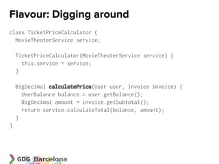 Flavour: Digging around
class TicketPriceCalculator {
  MovieTheaterService service;

    TicketPriceCalculator(MovieTheaterService service) {
      this.service = service;
    }

    BigDecimal calculatePrice(User user, Invoice invoice) {
      UserBalance balance = user.getBalance();
      BigDecimal amount = invoice.getSubtotal();
      return service.calculateTotal(balance, amount);
    }
}
 