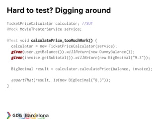 Hard to test? Digging around
TicketPriceCalculator calculator; //SUT
@Mock MovieTheaterService service;

@Test void calculatePrice_tooMuchWork() {
  calculator = new TicketPriceCalculator(service);
  given(user.getBalance()).willReturn(new DummyBalance());
  given(invoice.getSubtotal()).willReturn(new BigDecimal("9.3"));

    BigDecimal result = calculator.calculatePrice(balance, invoice);

    assertThat(result, is(new BigDecimal("8.3"));
}
 