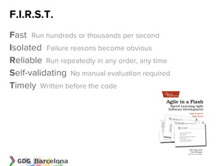 F.I.R.S.T.
Fast Run hundreds or thousands per second
Isolated Failure reasons become obvious
Reliable Run repeatedly in any order, any time
Self-validating No manual evaluation required
Timely Written before the code
 